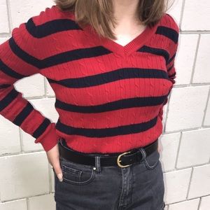 Red and Blue Striped Tommy Hilfiger V-Neck Sweater